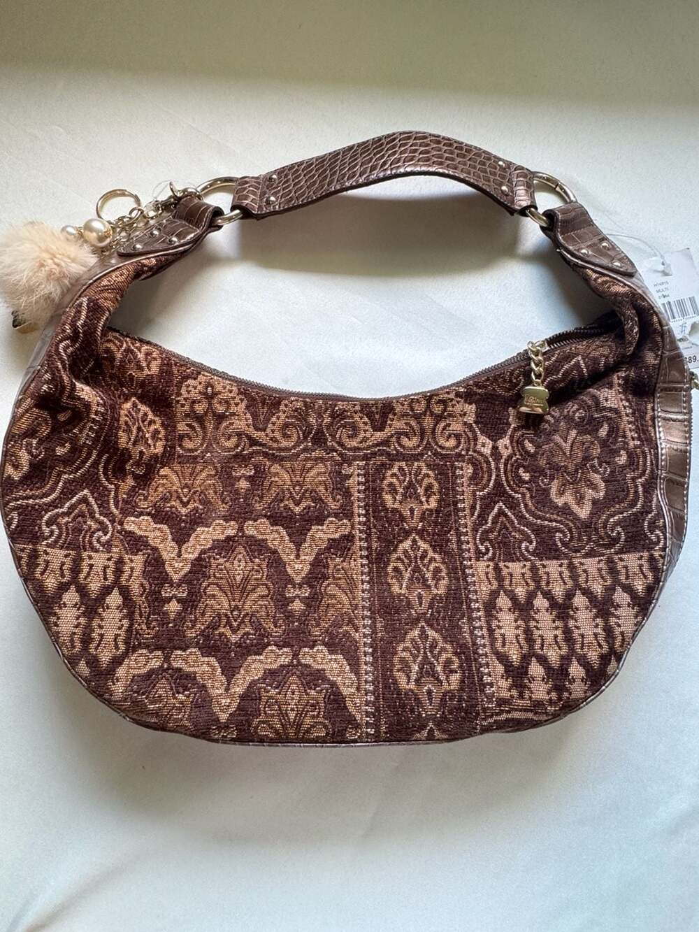 Y2K Tapestry Baguette Hobo Bag Rhinestone Charm Faux Fur Boho Maximalist NWT